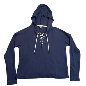 Point Sur Navy Blue Lace Up Hoodie Cotton Pullover Sweatshirt Small